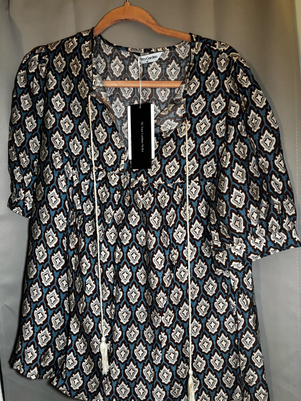 Women's Blue Geometric Tie-Front Tunic Top